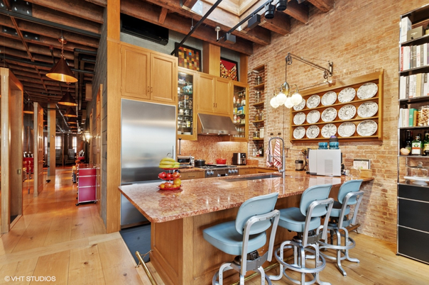 Interior, Kitchen, Pendant Lights, Stainless Steel Appliances, Stone Walls, Wood Texture Flooring