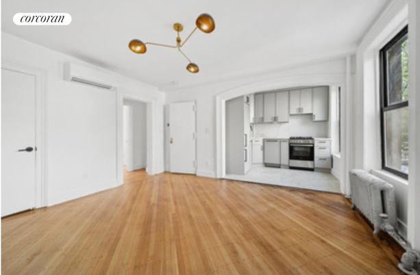Empty room, Interior, Kitchen, Pendant Lights, Stainless Steel Appliances, Wood Texture Flooring