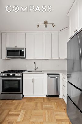 Interior, Kitchen, Recessed Lighting, Stainless Steel Appliances, Wood Texture Flooring