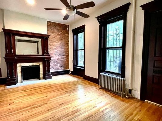 Empty room, Fireplace, Interior, Stone Walls, Wood Texture Flooring