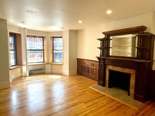 Empty room, Fireplace, Interior, Recessed Lighting, Wood Texture Flooring