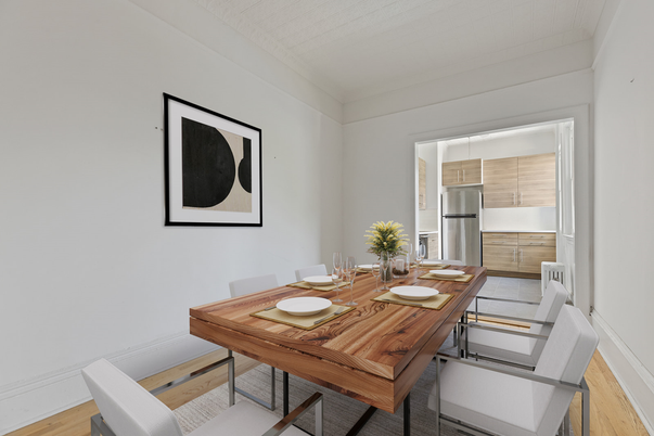 Dining room, Interior, Kitchen, Stainless Steel Appliances, Wood Texture Flooring