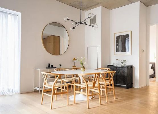 Dining room, Interior, Pendant Lights, Wood Texture Flooring