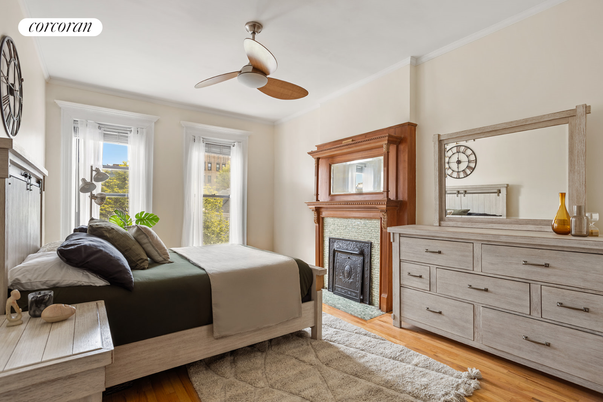 Bedroom, Fireplace, Interior, Wood Texture Flooring