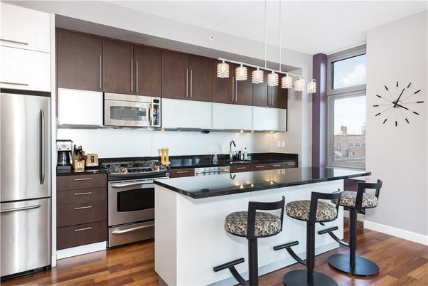 Interior, Kitchen, Pendant Lights, Stainless Steel Appliances, Wood Texture Flooring