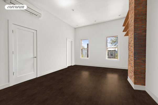 Empty room, Fireplace, Interior, Recessed Lighting, Stone Walls, Wood Texture Flooring