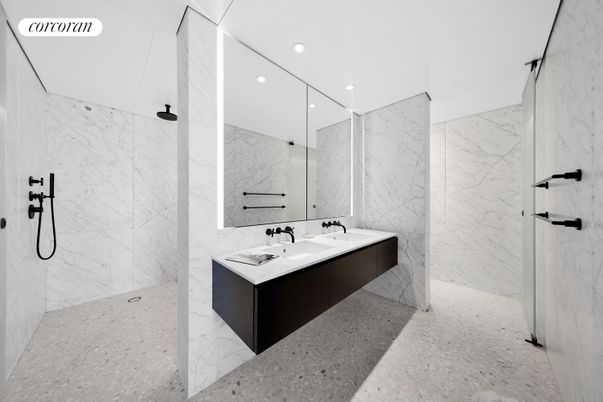 Bathroom, Dual Sink Vanities, Glass Shower, Interior, Marble, Marble Walls, Recessed Lighting