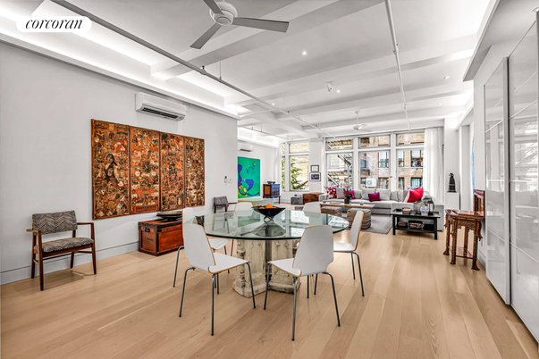 Dining room, Interior, Living room, Pendant Lights, Recessed Lighting, Wood Texture Flooring