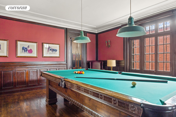 Billiard Table, Game Room, Interior, Pendant Lights, Wood Texture Flooring