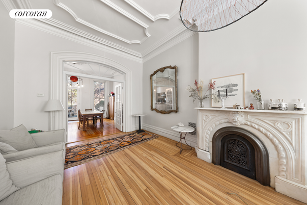 Dining room, Fireplace, Interior, Pendant Lights, Wood Texture Flooring
