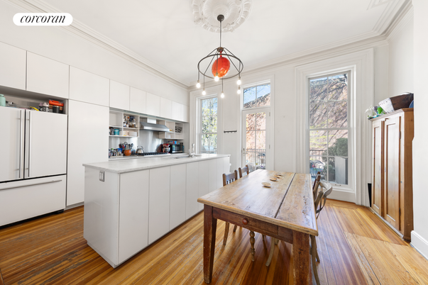 Dining room, Interior, Kitchen, Pendant Lights, Wood Texture Flooring