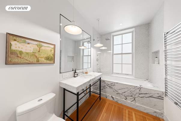 Bathroom, Interior, Marble, Pendant Lights, Recessed Lighting, Wood Texture Flooring
