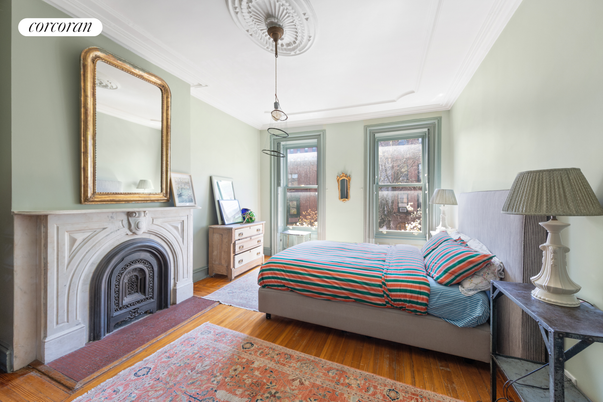 Bedroom, Fireplace, Interior, Pendant Lights, Wood Texture Flooring
