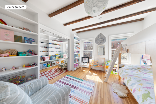 Bedroom, Interior, Pendant Lights, Wooden Beams, Wood Texture Flooring