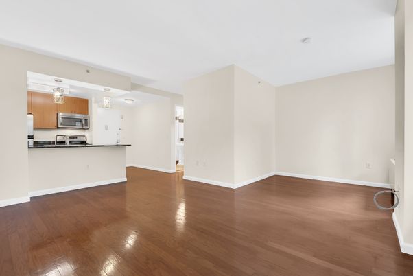 Empty room, Interior, Kitchen, Stainless Steel Appliances, Wood Texture Flooring