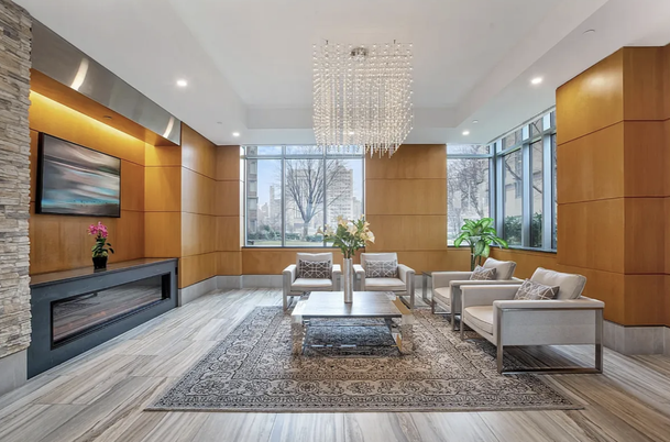 Chandelier, Fireplace, Interior, Living room, Recessed Lighting, Wood Texture Flooring, Wooden Walls