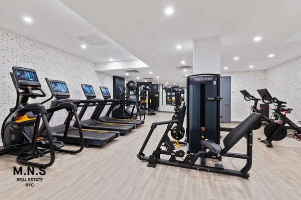 Fitness Equipment, Gym, Interior, Recessed Lighting, Wood Texture Flooring