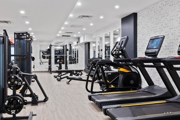 Fitness Equipment, Gym, Interior, Recessed Lighting, Wood Texture Flooring