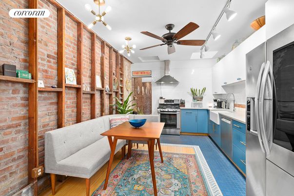 Interior, Kitchen, Pendant Lights, Stainless Steel Appliances, Stone Walls, Wood Texture Flooring