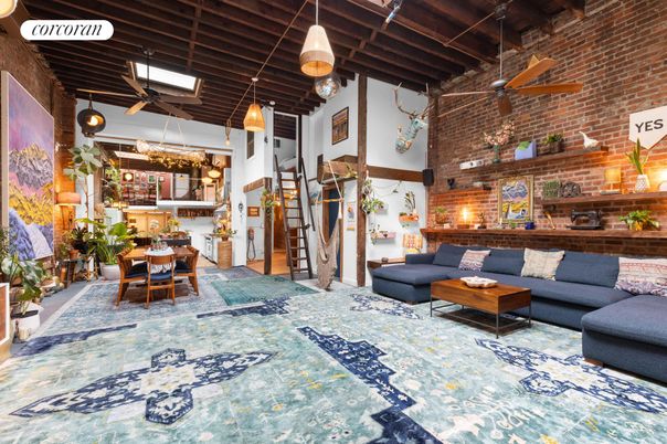 Dining room, Interior, Living room, Pendant Lights, Stone Walls, Wooden Beams