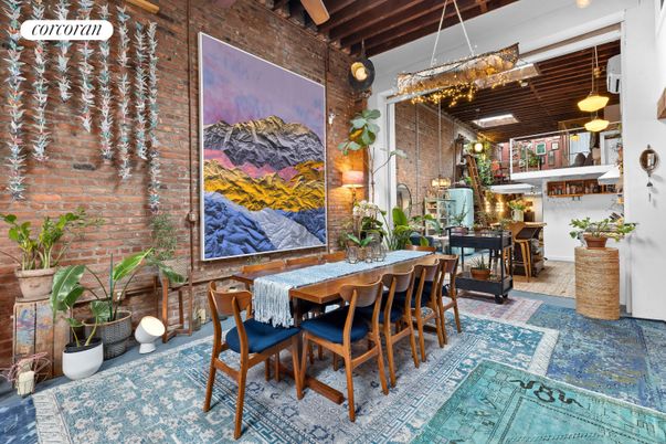 Dining room, Interior, Pendant Lights, Stone Walls, Wooden Beams