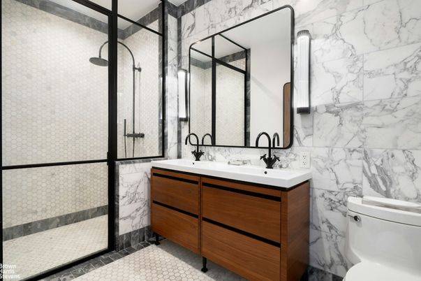 Bathroom, Dual Sink Vanities, Glass Shower, Interior, Marble Walls