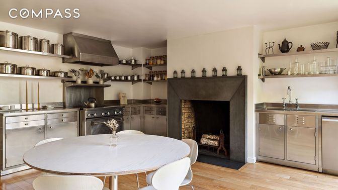 Dining room, Fireplace, Interior, Kitchen, Wood Texture Flooring