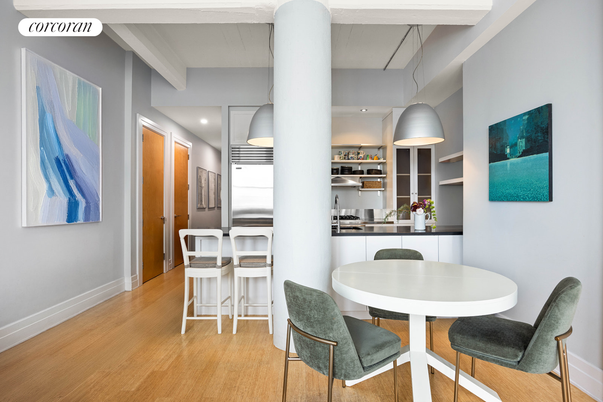 Dining room, Interior, Kitchen, Pendant Lights, Recessed Lighting, Stainless Steel Appliances, Wood Texture Flooring