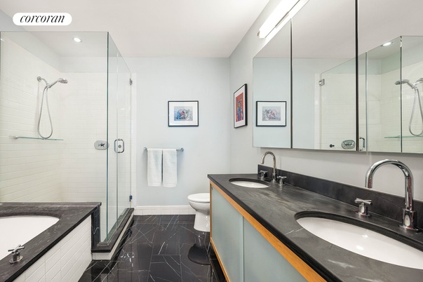 Bathroom, Dual Sink Vanities, Glass Shower, Interior, Marble, Recessed Lighting