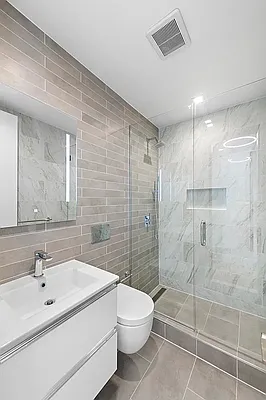 Bathroom, Glass Shower, Interior, Marble Walls, Recessed Lighting