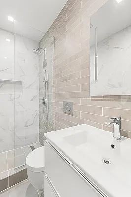 Bathroom, Glass Shower, Interior, Marble Walls, Recessed Lighting