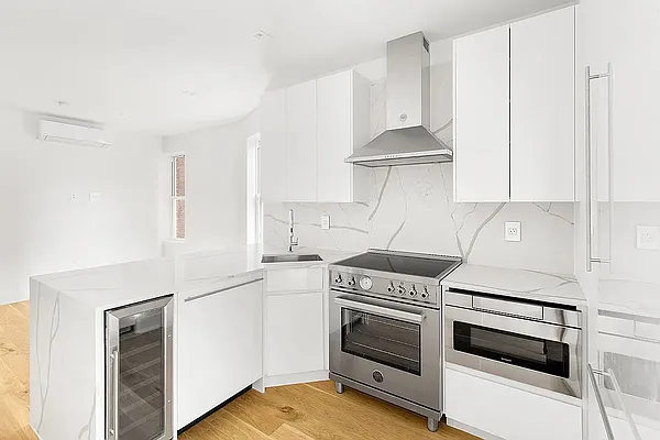 Interior, Kitchen, Marble Walls, Stainless Steel Appliances, Wood Texture Flooring