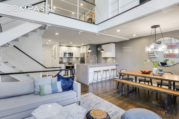 Dining room, Interior, Kitchen, Living room, Pendant Lights, Recessed Lighting, Stainless Steel Appliances, Wood Texture Flooring