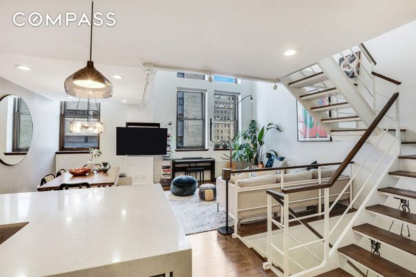 Dining room, Interior, Living room, Pendant Lights, Recessed Lighting, Wood Texture Flooring
