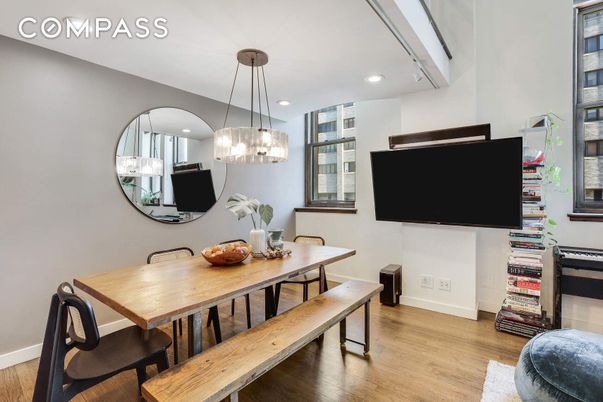 Dining room, Interior, Pendant Lights, Recessed Lighting, Wood Texture Flooring