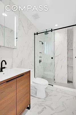 Bathroom, Glass Shower, Interior, Marble, Marble Walls, Recessed Lighting