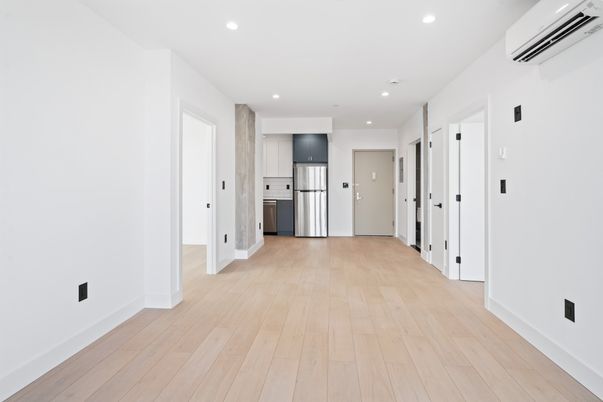 Empty room, Interior, Kitchen, Recessed Lighting, Wood Texture Flooring