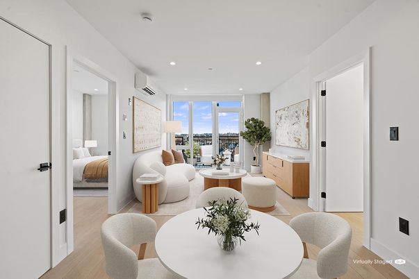 Bedroom, Dining room, Interior, Living room, Recessed Lighting, Water, Wood Texture Flooring