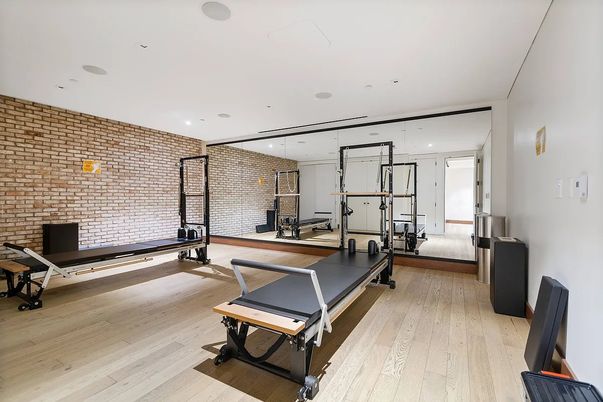 Fitness Equipment, Interior, Recessed Lighting, Stone Walls, Wood Texture Flooring