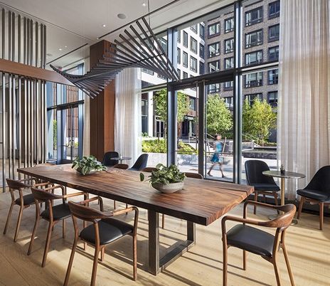 Dining room, Interior, Pendant Lights, Recessed Lighting, Wood Texture Flooring