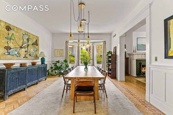 Dining room, Fireplace, Interior, Pendant Lights, Wood Texture Flooring