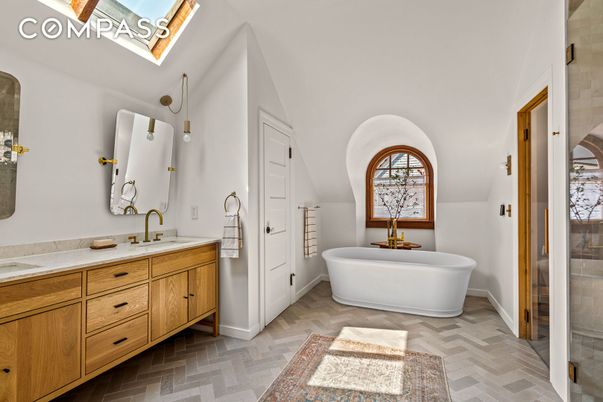 Bathroom, Dual Sink Vanities, Free Standing Baths, Glass Shower, Interior, Wood Texture Flooring