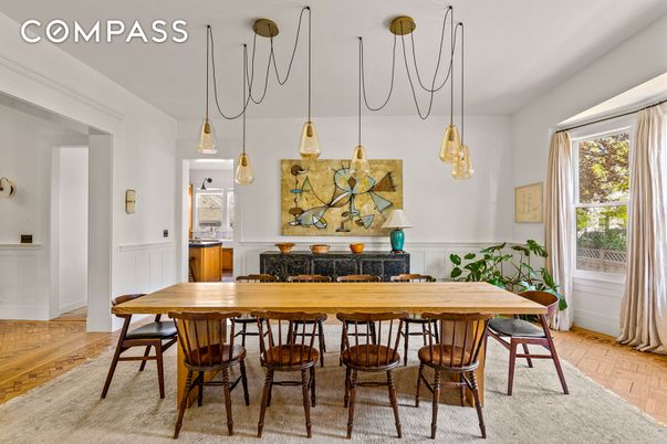 Dining room, Fireplace, Interior, Pendant Lights, Wood Texture Flooring