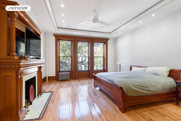 Bedroom, Fireplace, Interior, Recessed Lighting, Wood Texture Flooring