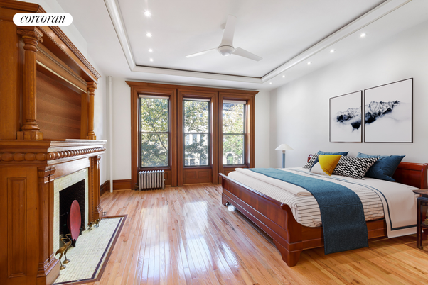 Bedroom, Fireplace, Interior, Recessed Lighting, Wood Texture Flooring