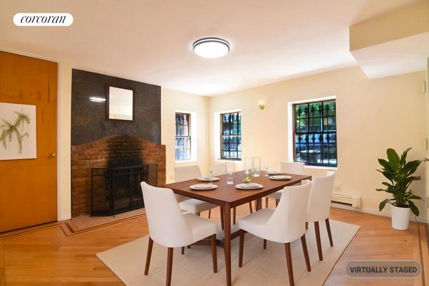 Dining room, Fireplace, Interior, Wood Texture Flooring
