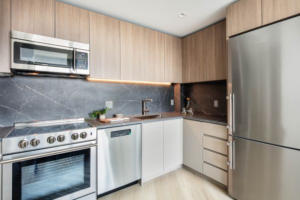 Interior, Kitchen, Recessed Lighting, Stainless Steel Appliances, Wood Texture Flooring
