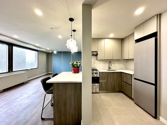 Interior, Kitchen, Pendant Lights, Recessed Lighting, Stainless Steel Appliances, Wood Texture Flooring