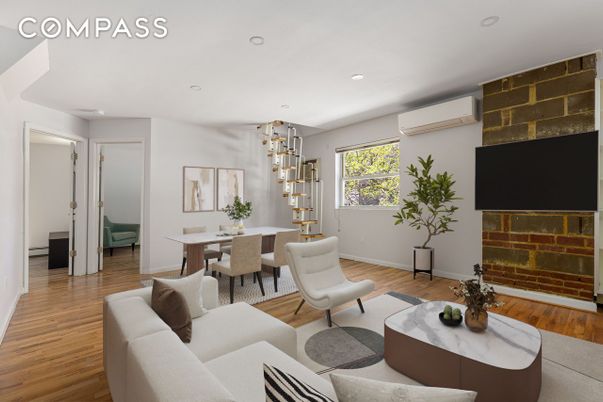Dining room, Interior, Living room, Recessed Lighting, Wood Texture Flooring