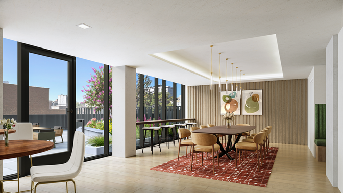 Dining room, Interior, Pendant Lights, Recessed Lighting, Wood Texture Flooring